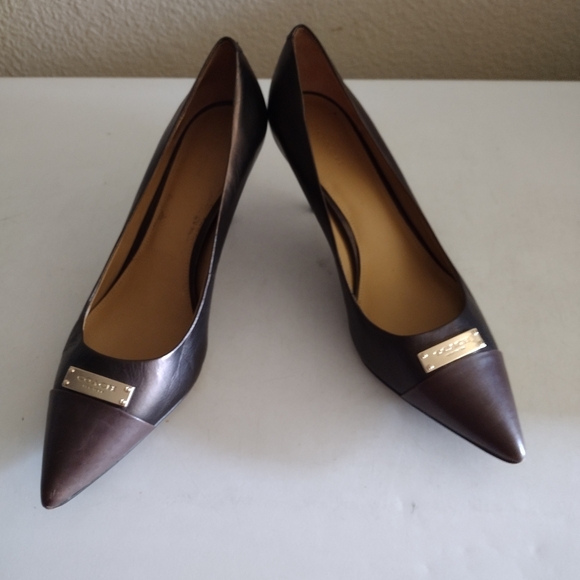 Coach Chocolate Leather Heels with Gold Accent - Picture 1 of 5